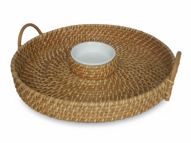 Curated Round Rattan Chip and Dip Tray with Ceramic Bowl - Eco-Friendly Serveware